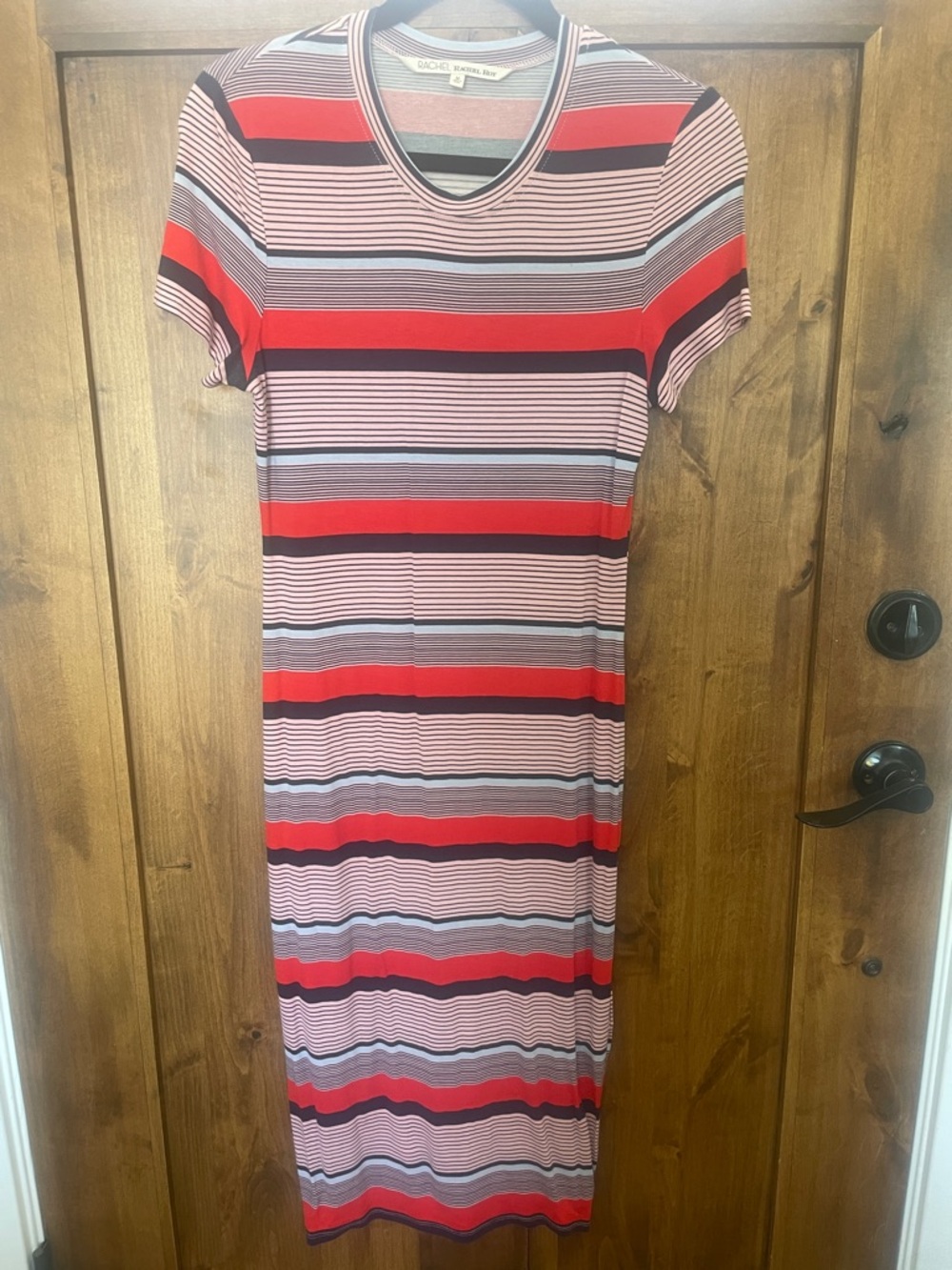 RACHEL Rachel Roy Red, Black and Pink Striped Midi Dress